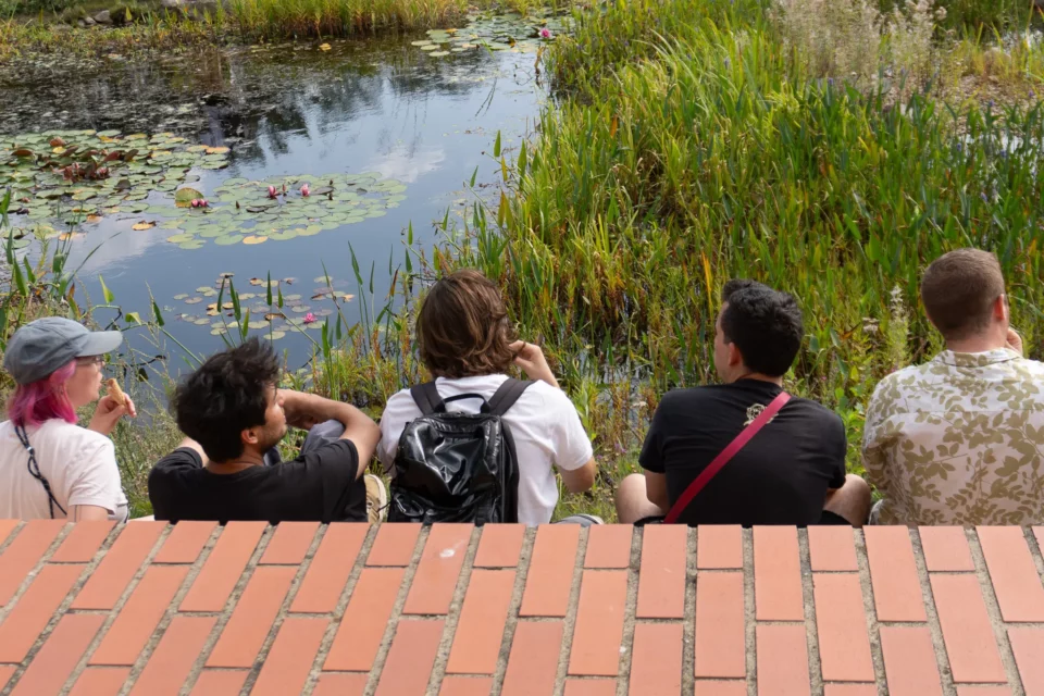 5 Menschen sitzen hinter einer Mauer vor einem Teich und unterhalten sich.