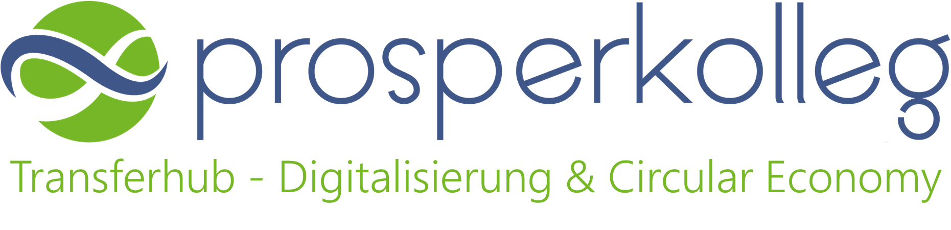 Logo des Prosperkollegs mit dem Schriftzug „prosperkolleg“ in Blau. Darunter steht „Transferhub – Digitalisierung & Circular Economy“ in grüner Schrift. Links befindet sich ein stilisiertes grünes und blaues Unendlichkeitssymbol.